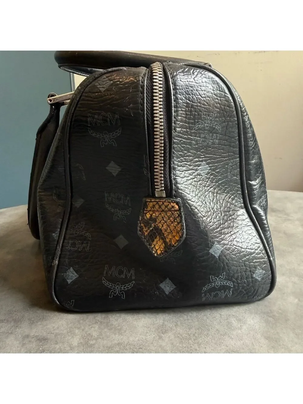 MCM Black Lion Monogram Satchel with Metallic Accents